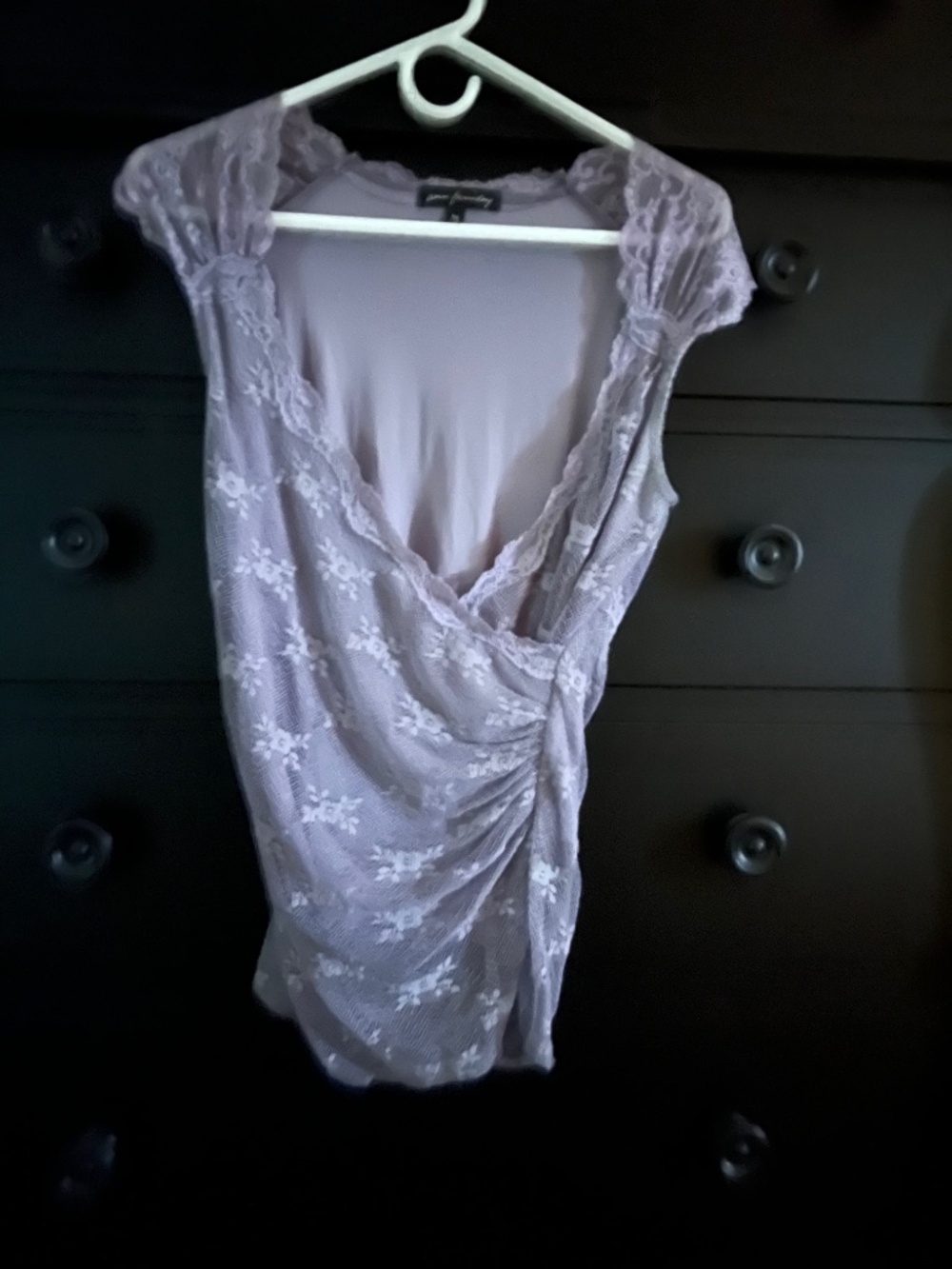 ANN FERRIDAY Vintage Stretchy Rouched Lavender Lace Top sz Medium